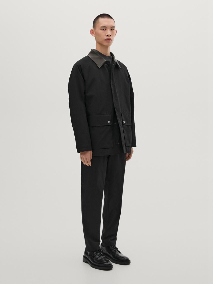 Massimo Dutti Leather Collar Detail Men Jacket Navy | US-DC3489502