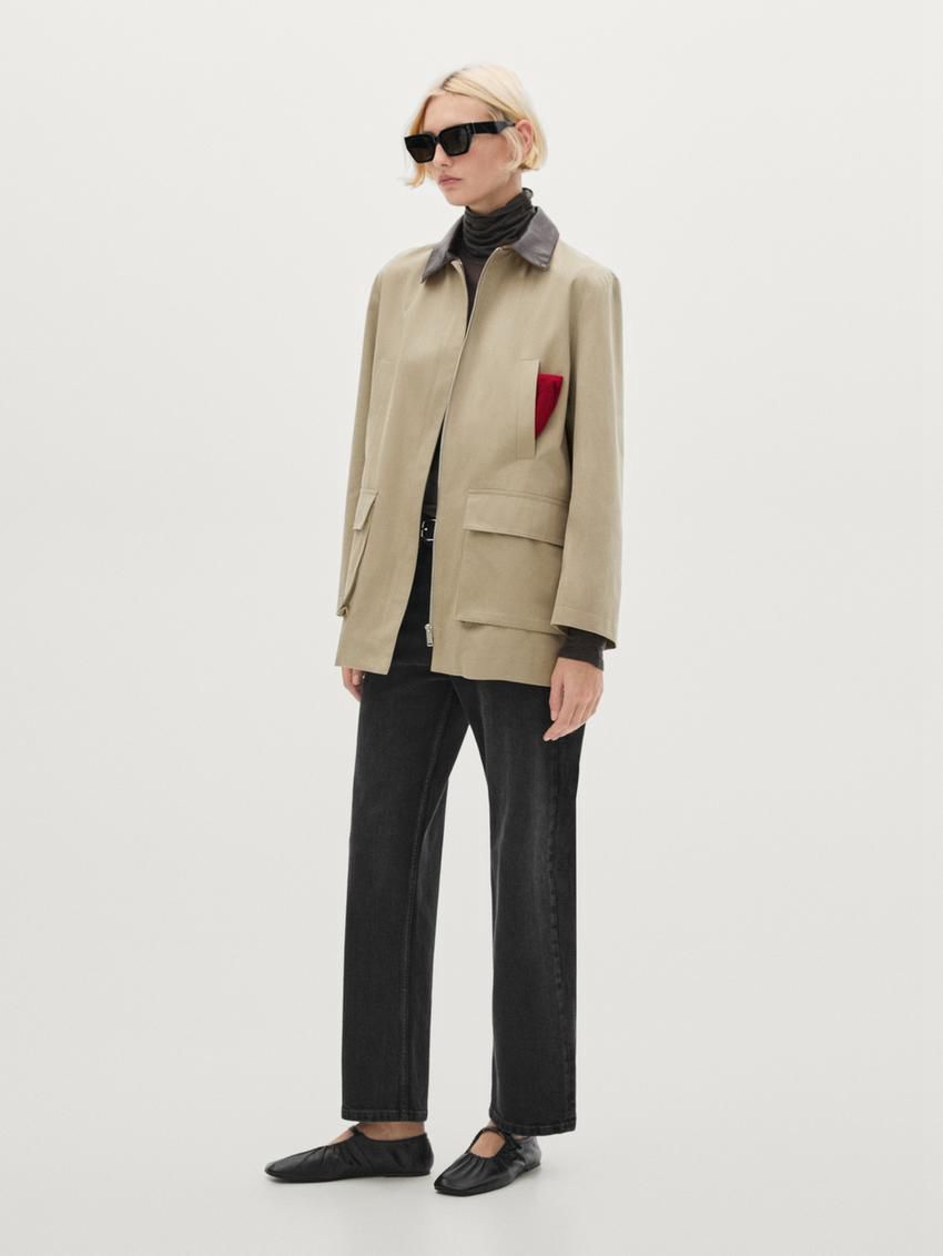 Massimo Dutti Leather Collar Detail Women Jacket Light Khaki | US-DS4823965