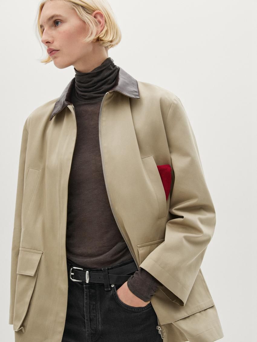 Massimo Dutti Leather Collar Detail Women Jacket Light Khaki | US-DS4823965