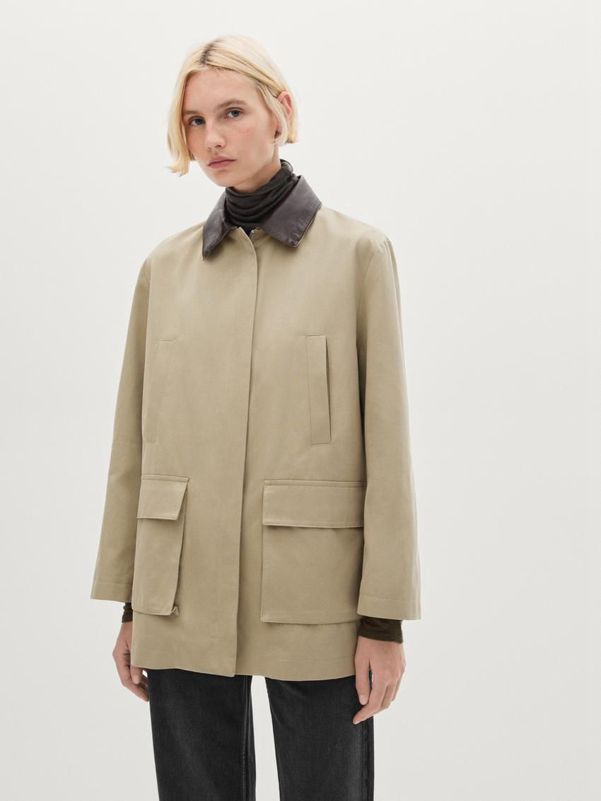 Massimo Dutti Leather Collar Detail Women Jacket Light Khaki | US-DS4823965