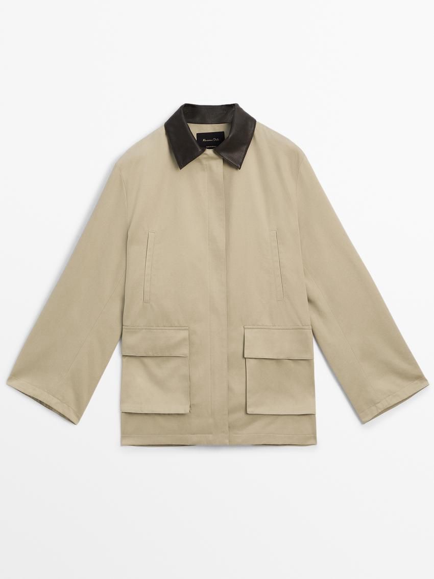 Massimo Dutti Leather Collar Detail Women Jacket Light Khaki | US-DS4823965