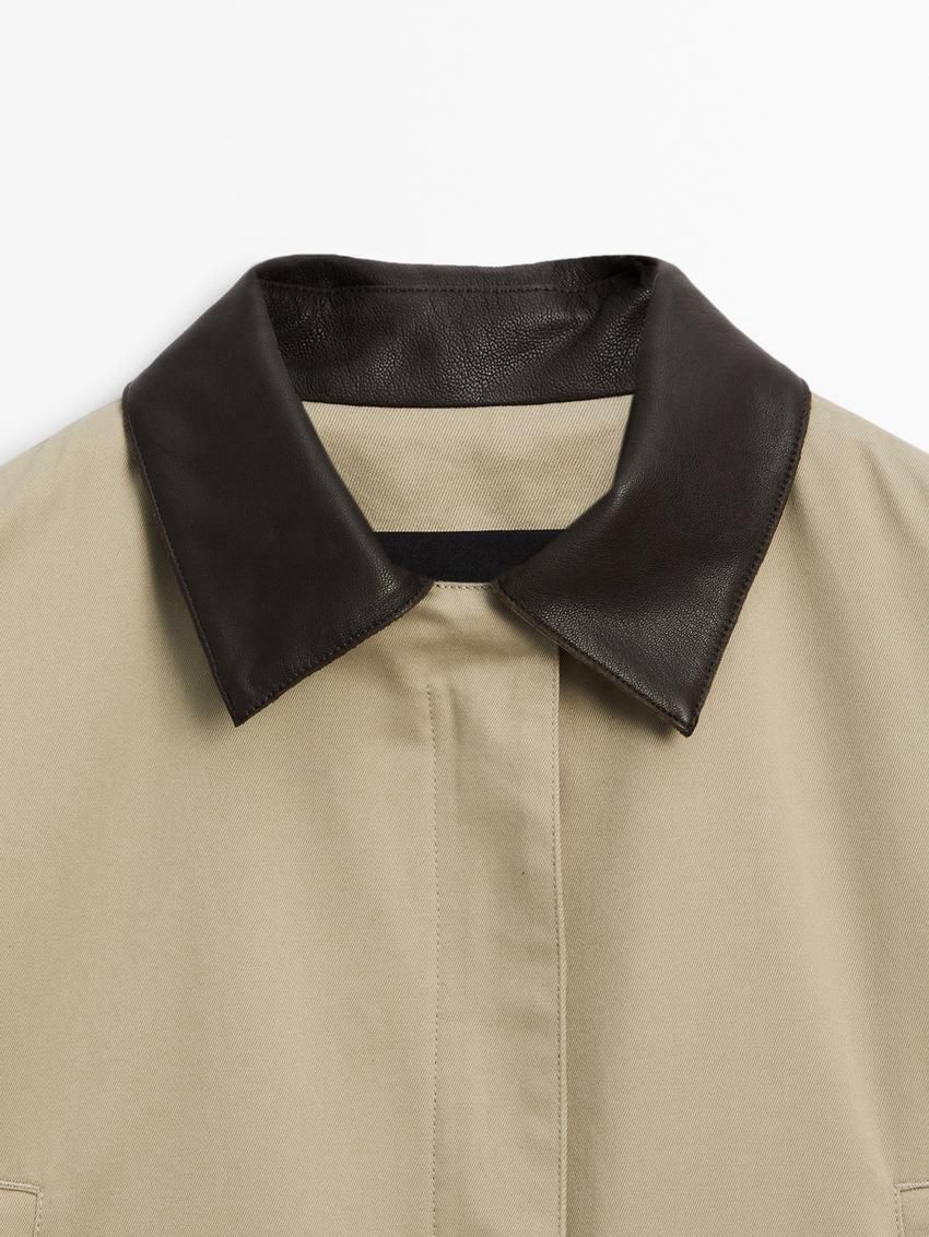 Massimo Dutti Leather Collar Detail Women Jacket Light Khaki | US-DS4823965