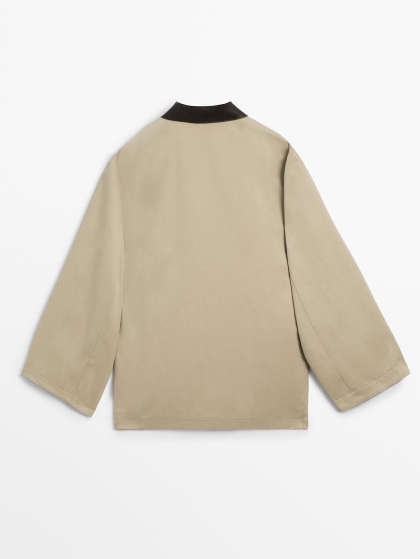 Massimo Dutti Leather Collar Detail Women Jacket Light Khaki | US-DS4823965