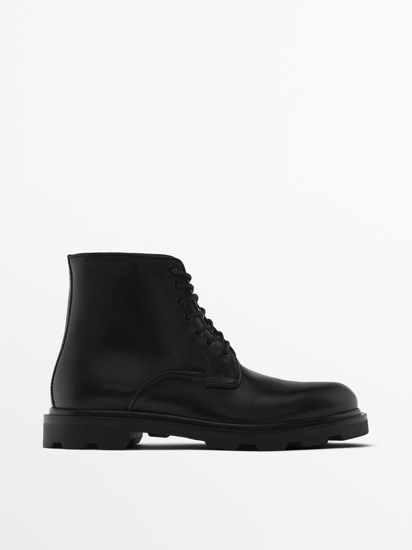 Massimo Dutti Leather Men Lace Up Boots Black | US-MN2035764