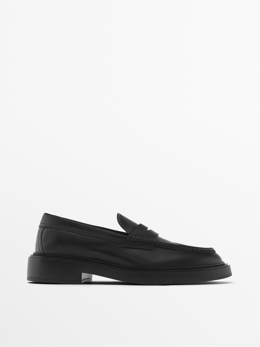 Massimo Dutti Leather Penny Men Loafers Black | US-HI8732409