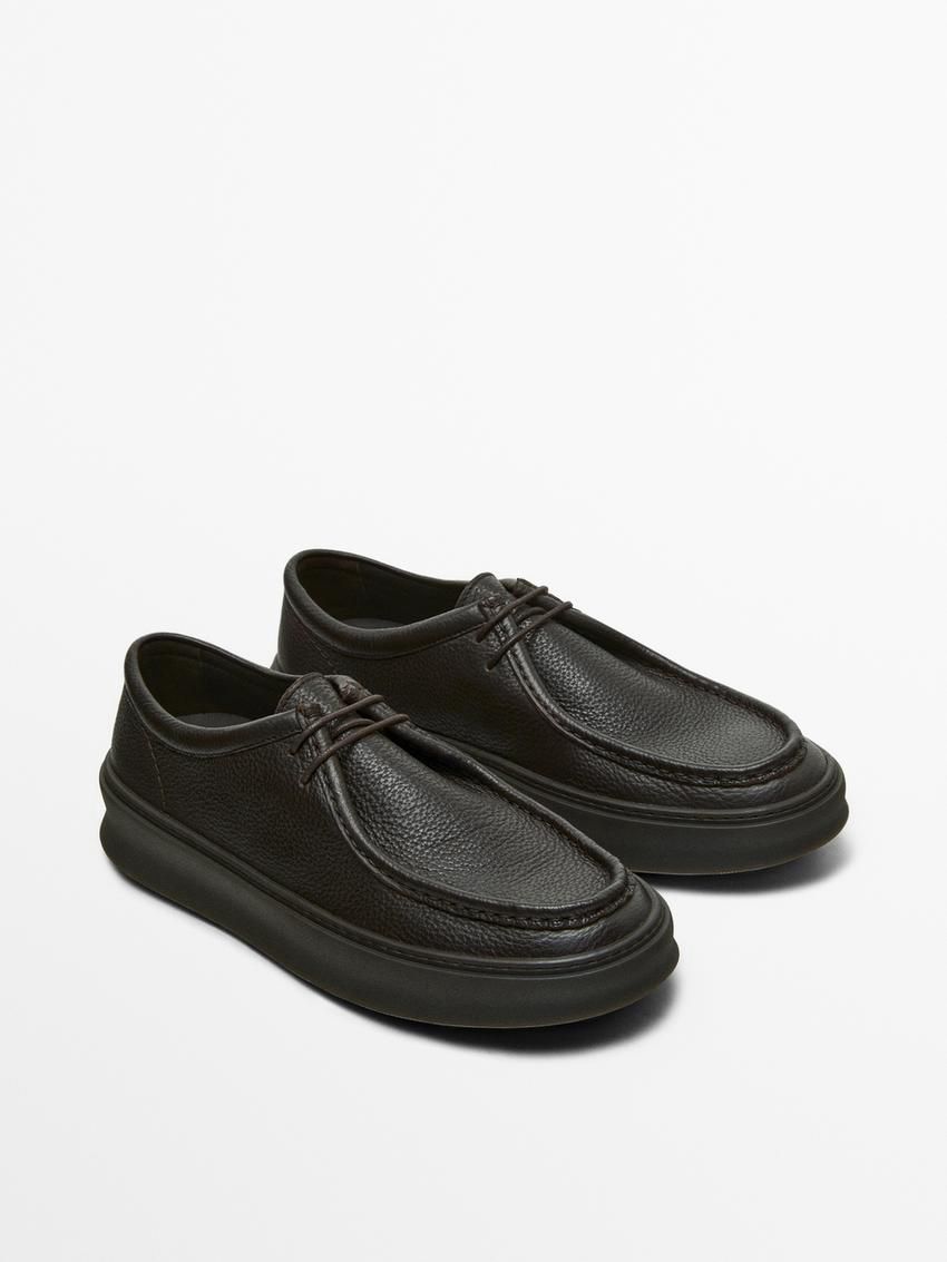 Massimo Dutti Leather Shoes With Moc Toe Men Slip On Shoes Dark Brown | US-DN7910483