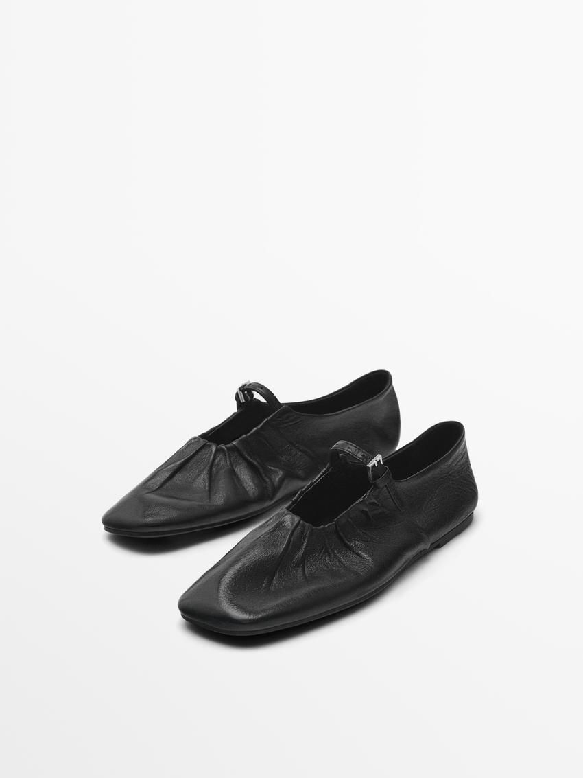Massimo Dutti Leather With Gathered Detail Women Ballet Flats Black | US-MV2396745