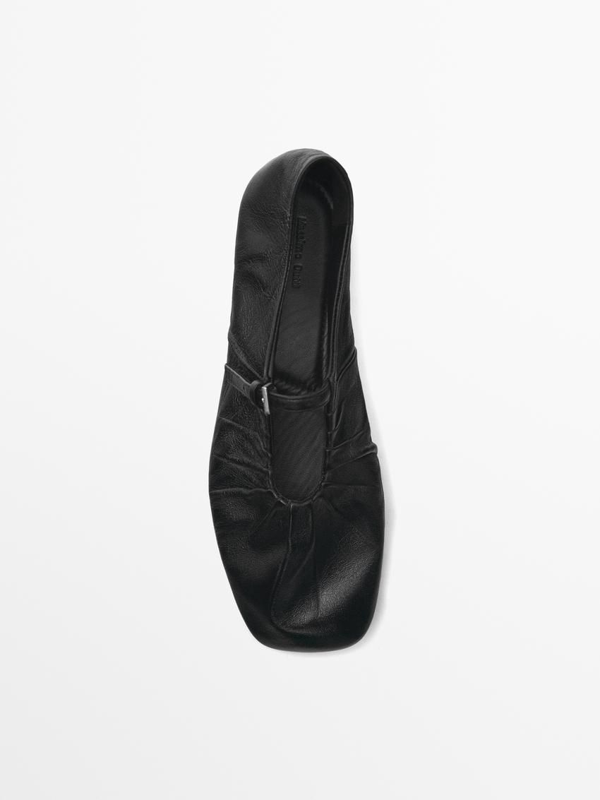 Massimo Dutti Leather With Gathered Detail Women Ballet Flats Black | US-MV2396745