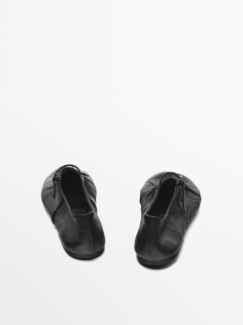 Massimo Dutti Leather With Gathered Detail Women Ballet Flats Black | US-MV2396745