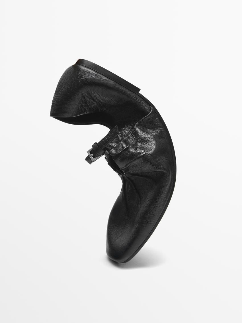 Massimo Dutti Leather With Gathered Detail Women Ballet Flats Black | US-MV2396745