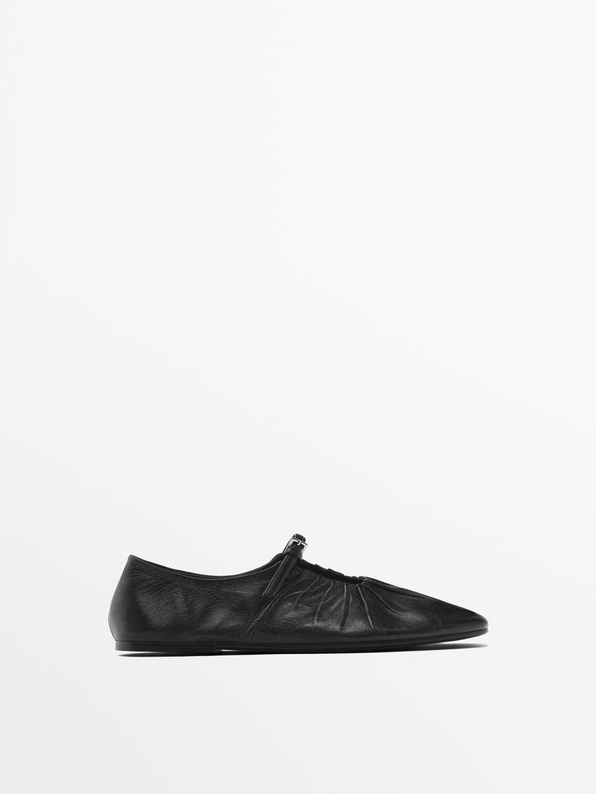 Massimo Dutti Leather With Gathered Detail Women Ballet Flats Black | US-MV2396745