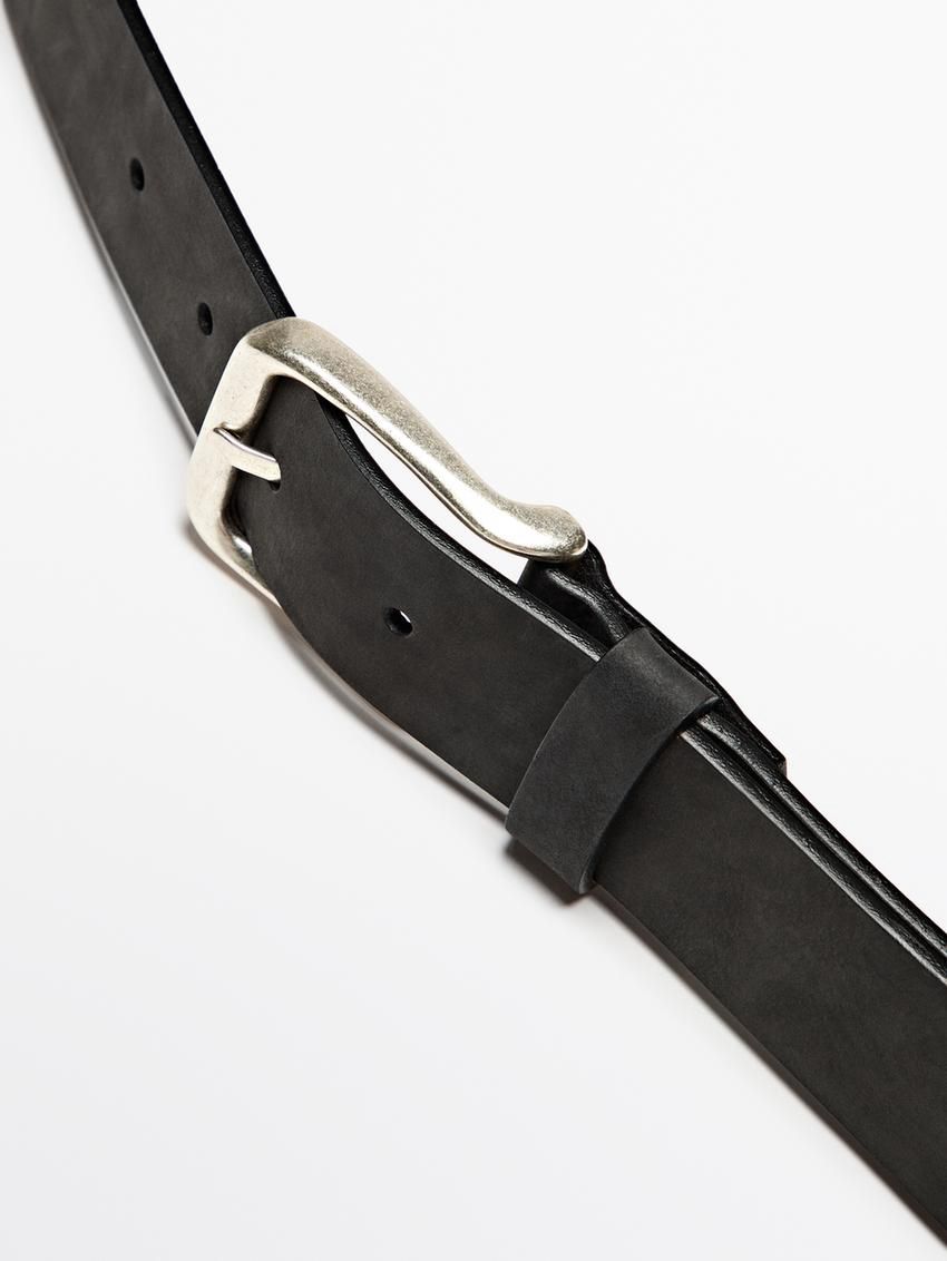 Massimo Dutti Leather With Square Buckle Men Belt Black | US-RC8965170