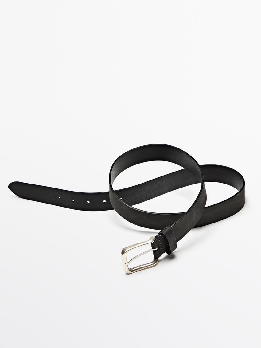 Massimo Dutti Leather With Square Buckle Men Belt Black | US-RC8965170