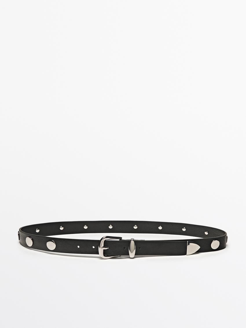 Massimo Dutti Leather With Stud Details Women Belt Black | US-RE1603742