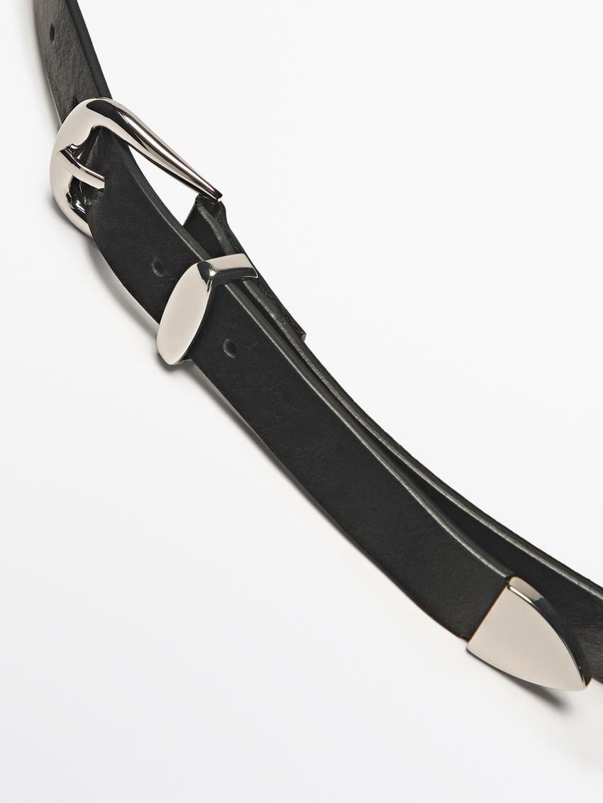Massimo Dutti Leather With Stud Details Women Belt Black | US-RE1603742