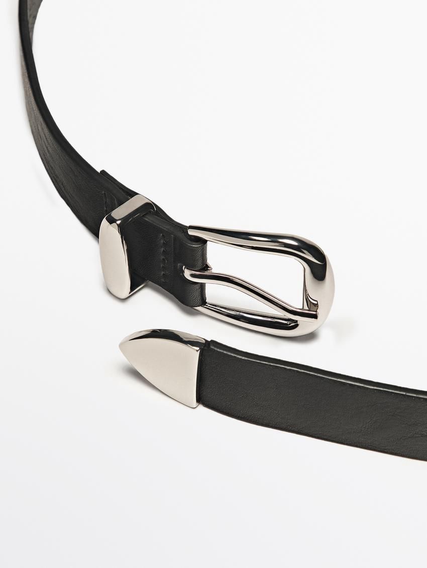 Massimo Dutti Leather With Stud Details Women Belt Black | US-RE1603742
