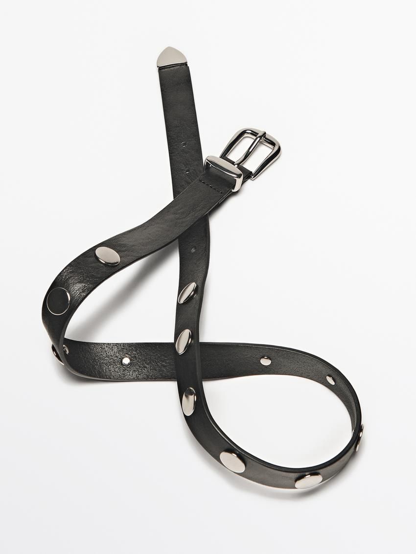Massimo Dutti Leather With Stud Details Women Belt Black | US-RE1603742