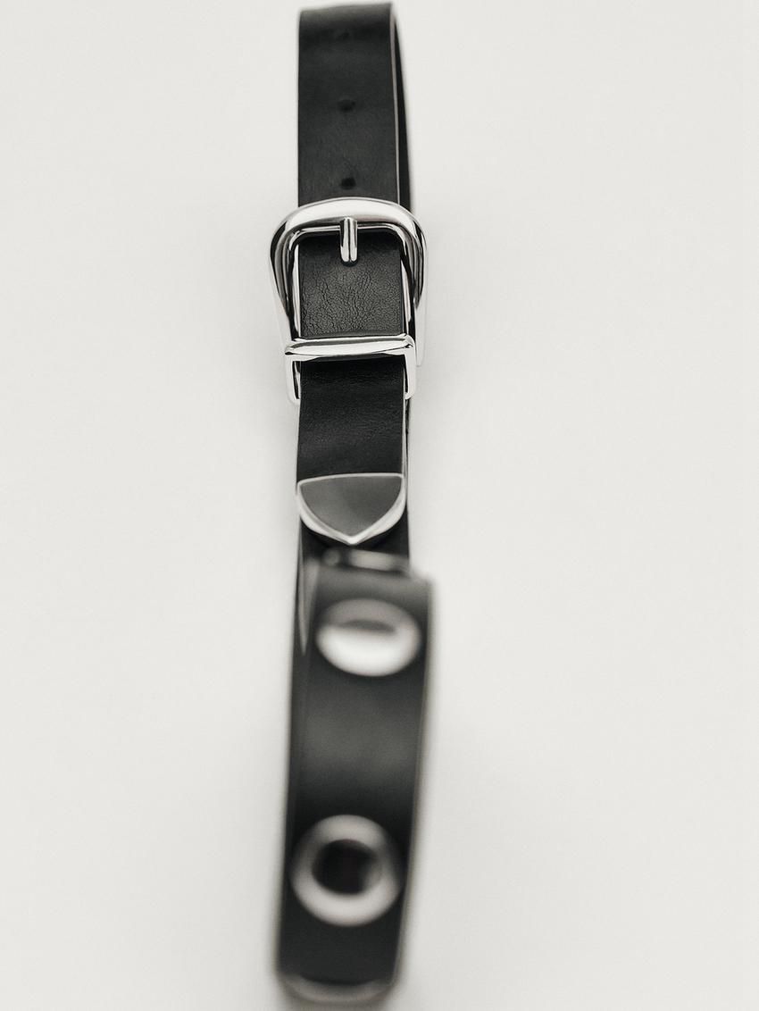 Massimo Dutti Leather With Stud Details Women Belt Black | US-RE1603742