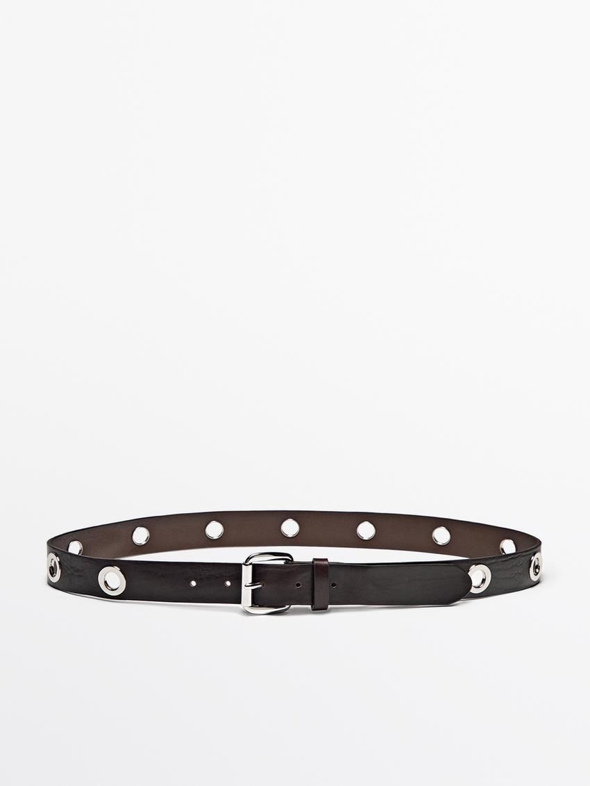 Massimo Dutti Leather With Studs Women Belt Dark Brown | US-PZ5083214