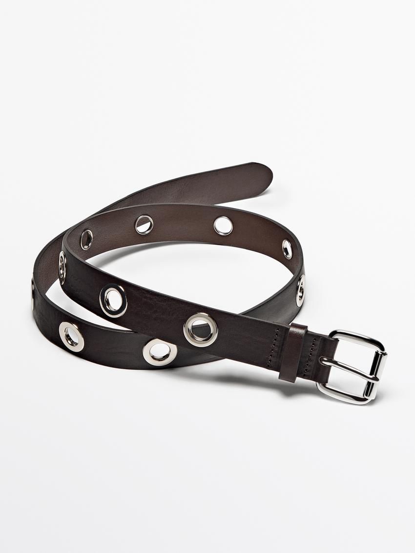Massimo Dutti Leather With Studs Women Belt Dark Brown | US-PZ5083214