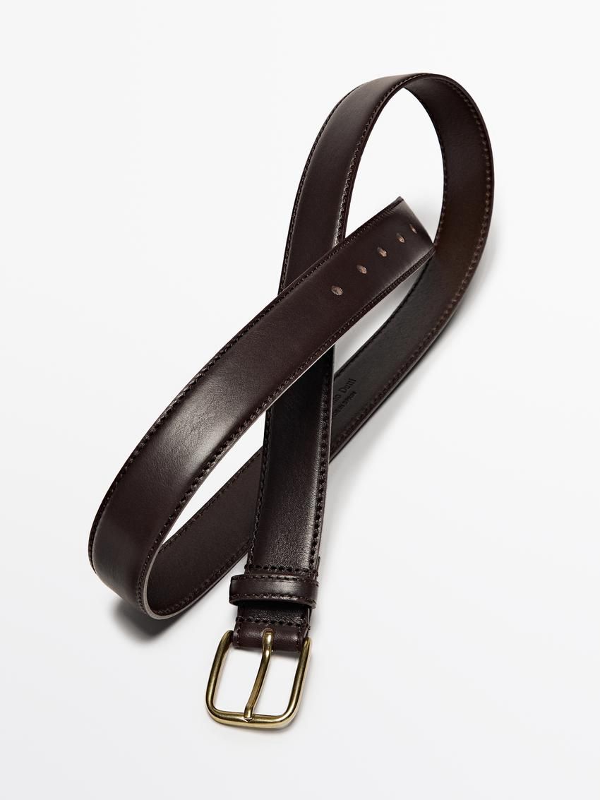 Massimo Dutti Leather With Topstitching Detail Men Belt Brown | US-IR7123485