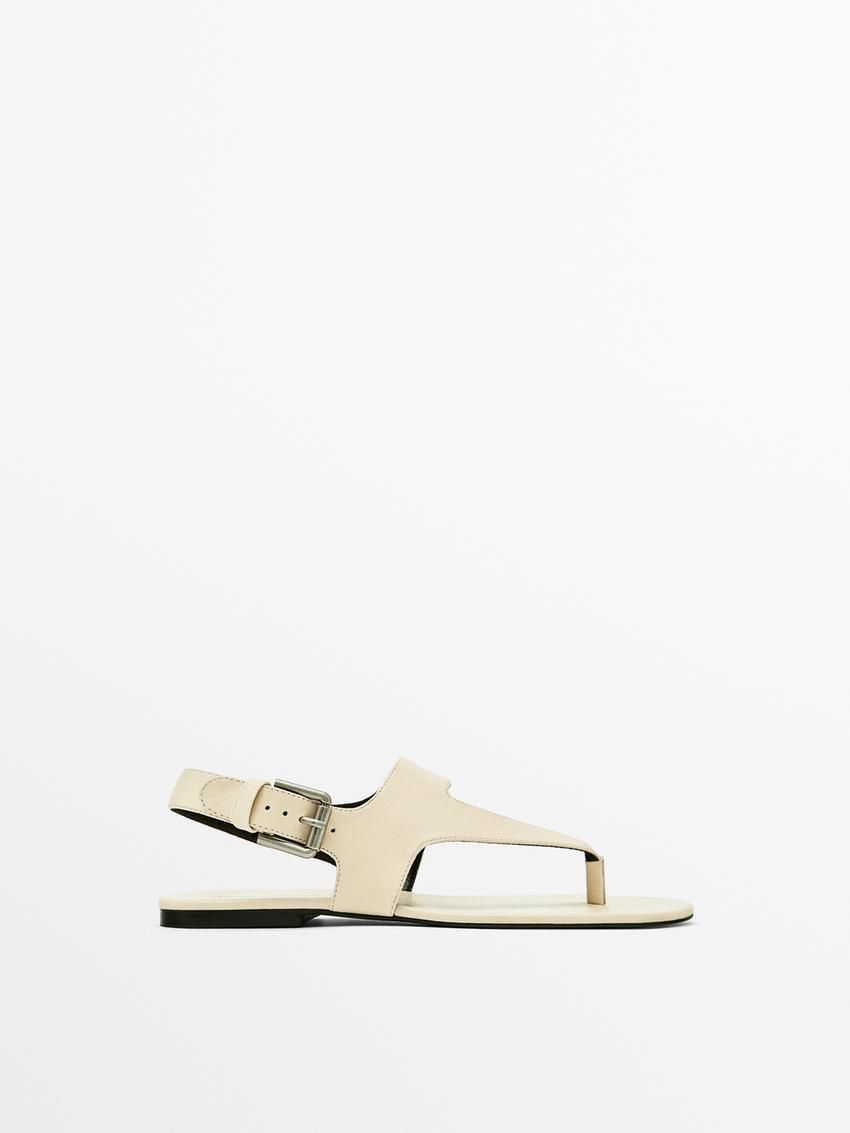 Massimo Dutti Leather Women Flat Sandals Cream | US-NL4315927