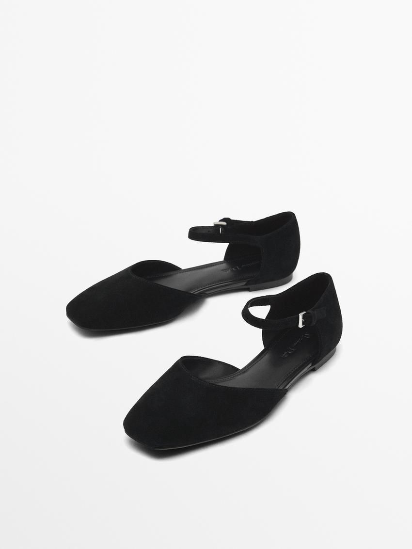 Massimo Dutti Leather Women Flat Shoes Black | US-DR6548701