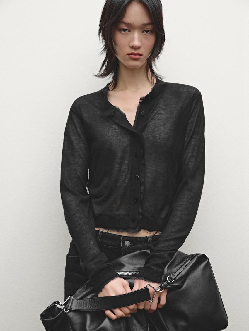 Massimo Dutti Lightweight With Distressed Detail Women Cardigan Black | US-DU8324605