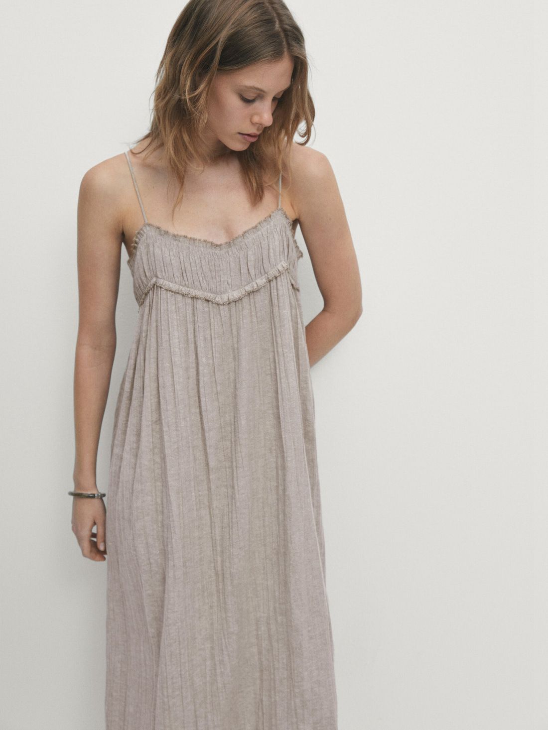 Massimo Dutti Linen And Cotton Blend Waffle-knit Midi Women Dress Beige | US-KY8564921