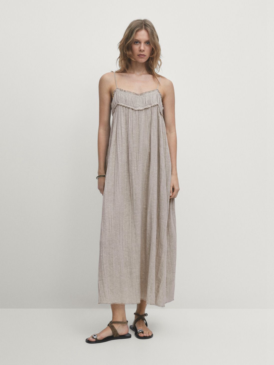 Massimo Dutti Linen And Cotton Blend Waffle-knit Midi Women Dress Beige | US-KY8564921