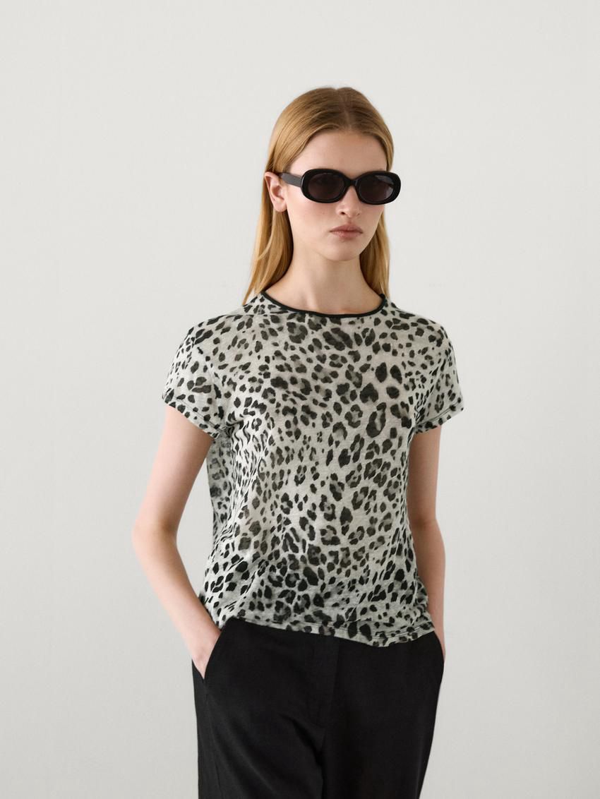 Massimo Dutti Linen Animal Print Women T-Shirt Leopard | US-VK3829570