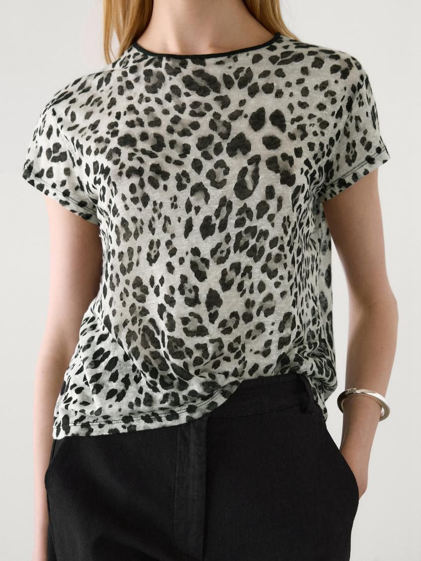 Massimo Dutti Linen Animal Print Women T-Shirt Leopard | US-VK3829570