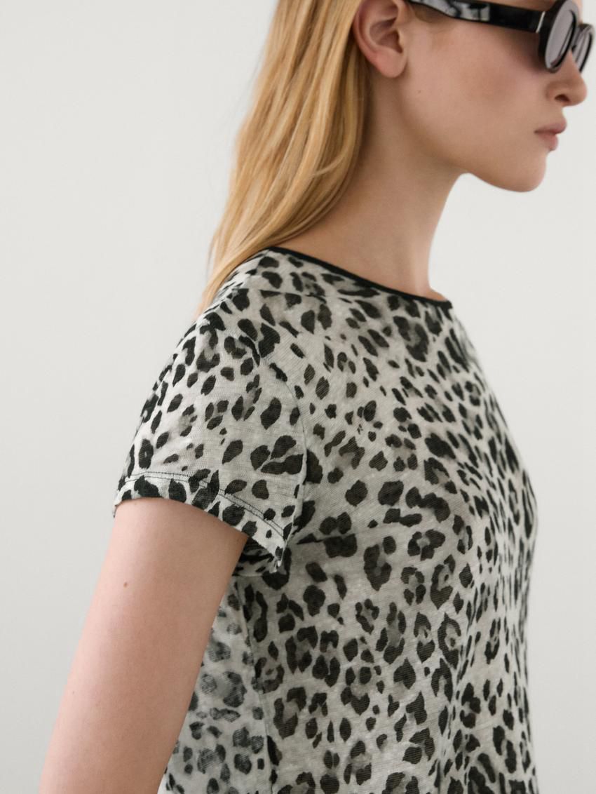 Massimo Dutti Linen Animal Print Women T-Shirt Leopard | US-VK3829570