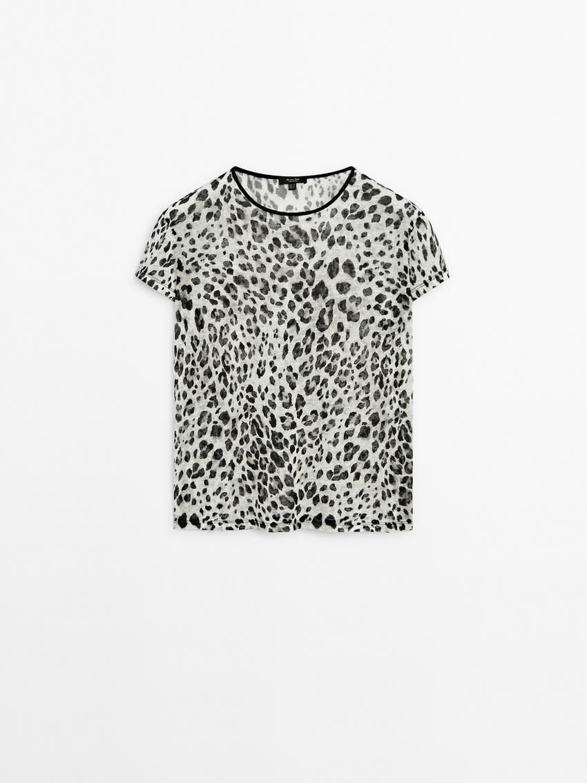 Massimo Dutti Linen Animal Print Women T-Shirt Leopard | US-VK3829570