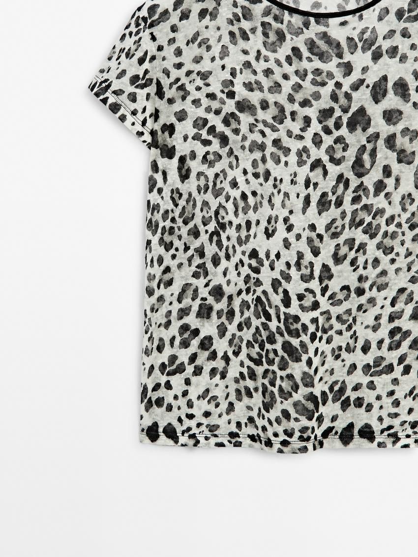 Massimo Dutti Linen Animal Print Women T-Shirt Leopard | US-VK3829570