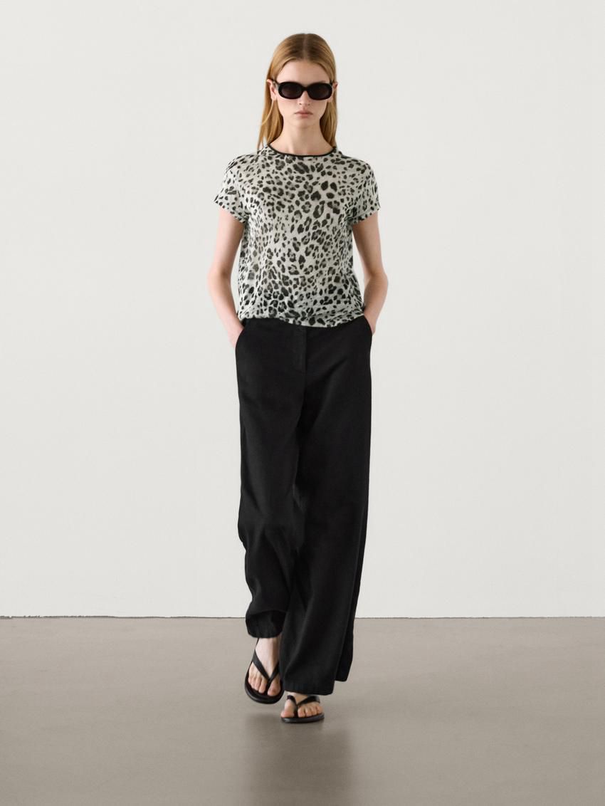 Massimo Dutti Linen Animal Print Women T-Shirt Leopard | US-VK3829570