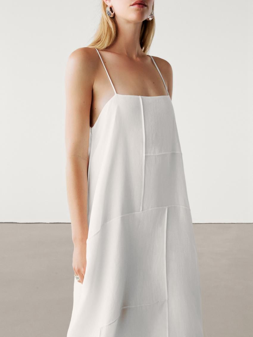 Massimo Dutti Linen Blend Asymmetric Midi Women Dress White | US-QM5160439