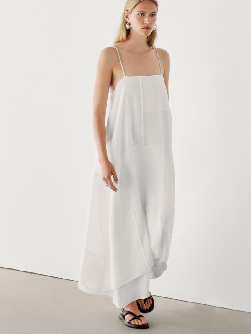 Massimo Dutti Linen Blend Asymmetric Midi Women Dress White | US-QM5160439
