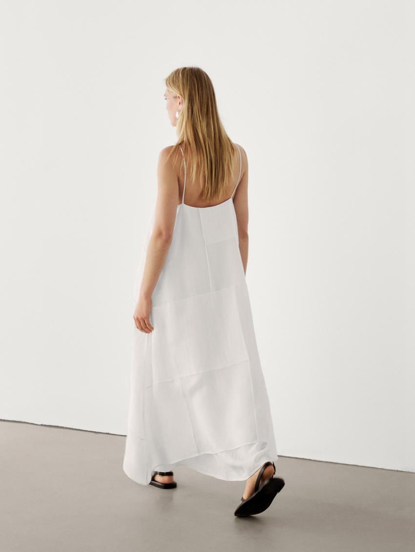 Massimo Dutti Linen Blend Asymmetric Midi Women Dress White | US-QM5160439