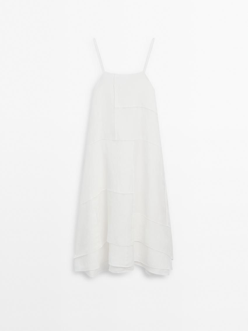 Massimo Dutti Linen Blend Asymmetric Midi Women Dress White | US-QM5160439