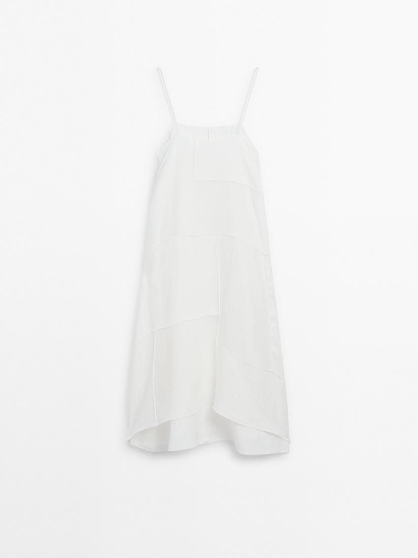 Massimo Dutti Linen Blend Asymmetric Midi Women Dress White | US-QM5160439