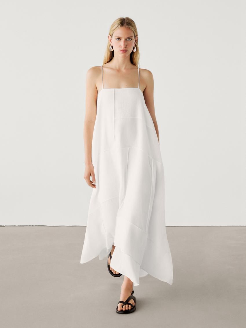 Massimo Dutti Linen Blend Asymmetric Midi Women Dress White | US-QM5160439