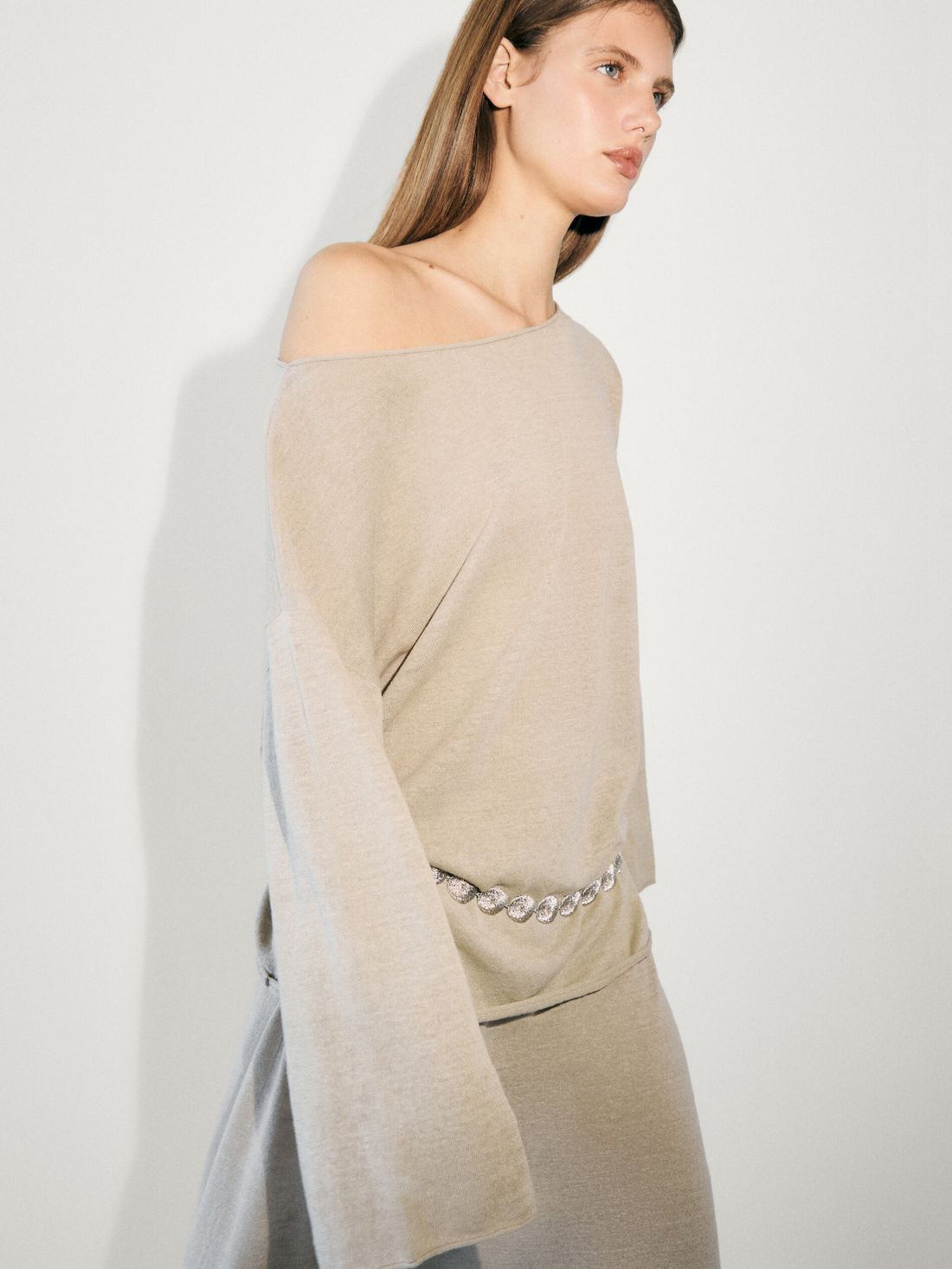 Massimo Dutti Linen Blend Boatneck Women Sweater Beige | US-TQ7821954