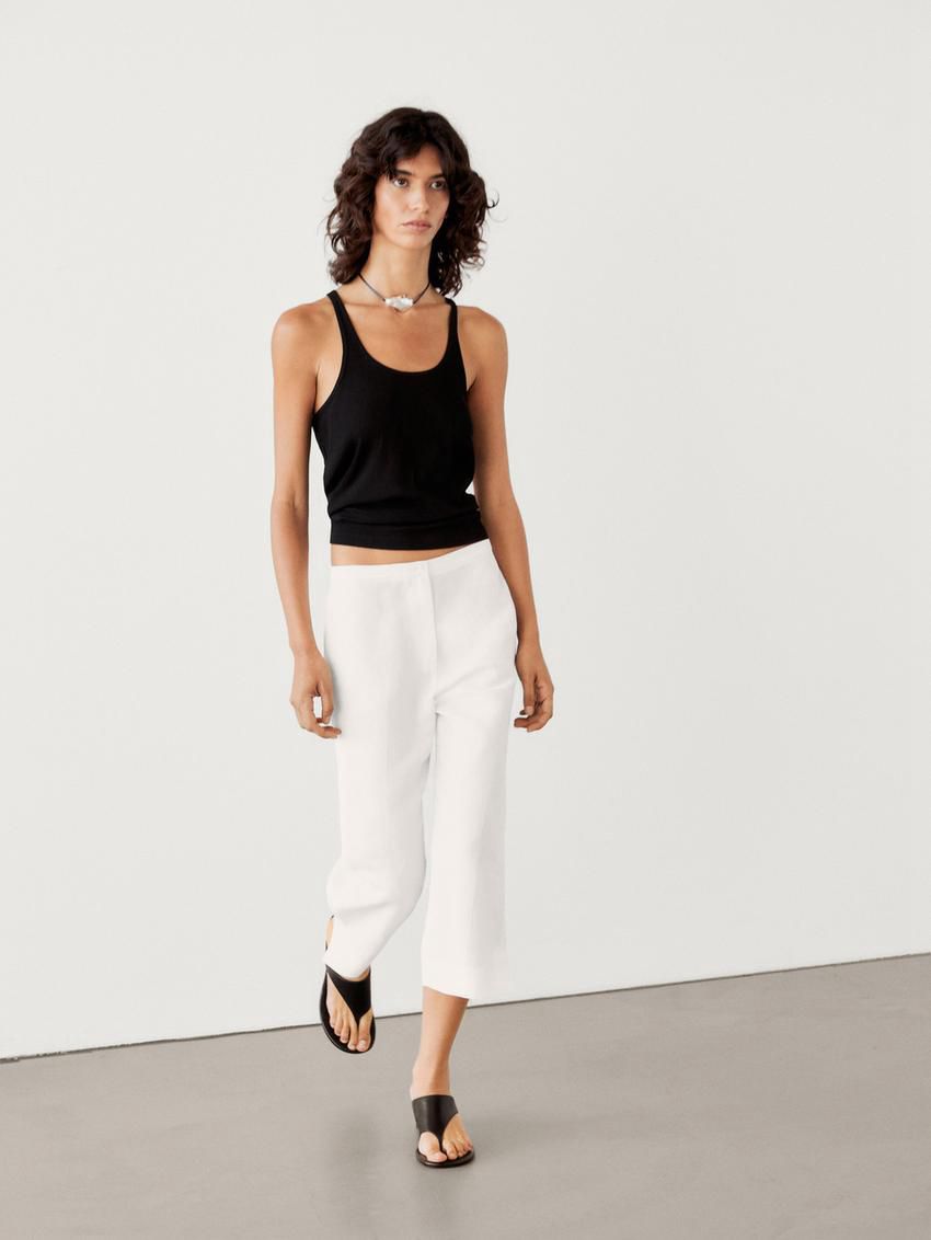 Massimo Dutti Linen Blend Capris Women Trousers Cream | US-AF6237408