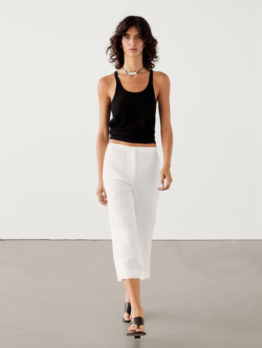 Massimo Dutti Linen Blend Capris Women Trousers Cream | US-AF6237408