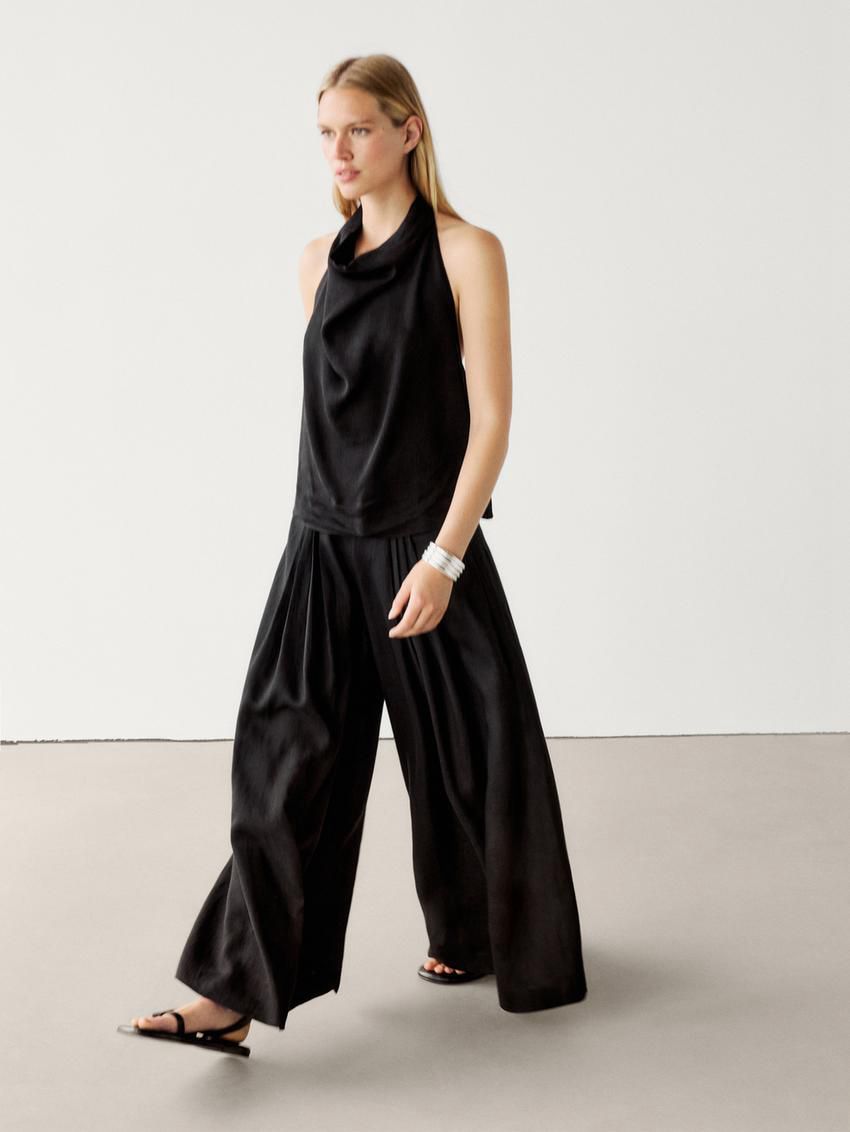 Massimo Dutti Linen Blend Halter With Tie Detail Women Top Black | US-TF6593218