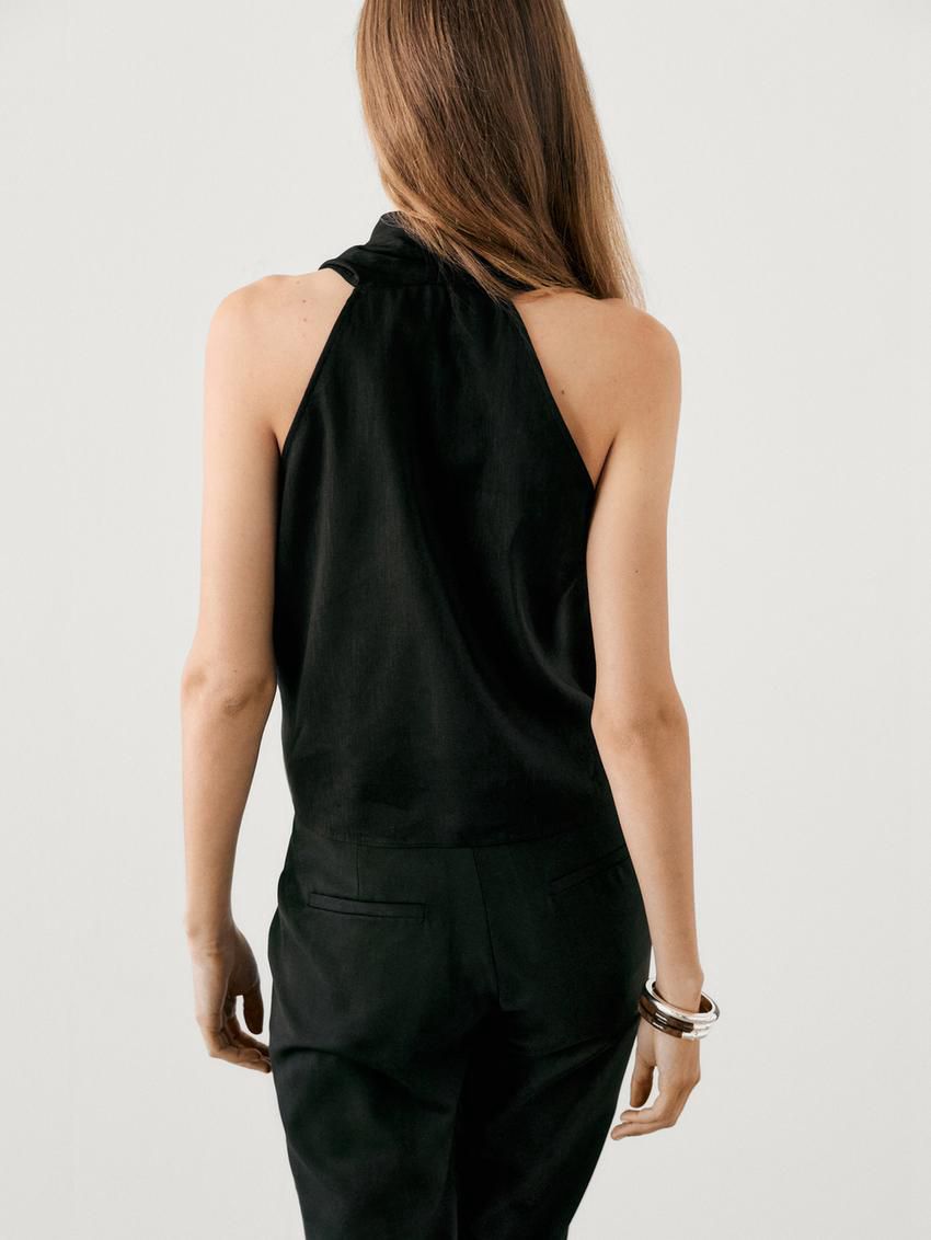 Massimo Dutti Linen Blend Halter With Tie Detail Women Top Black | US-TF6593218