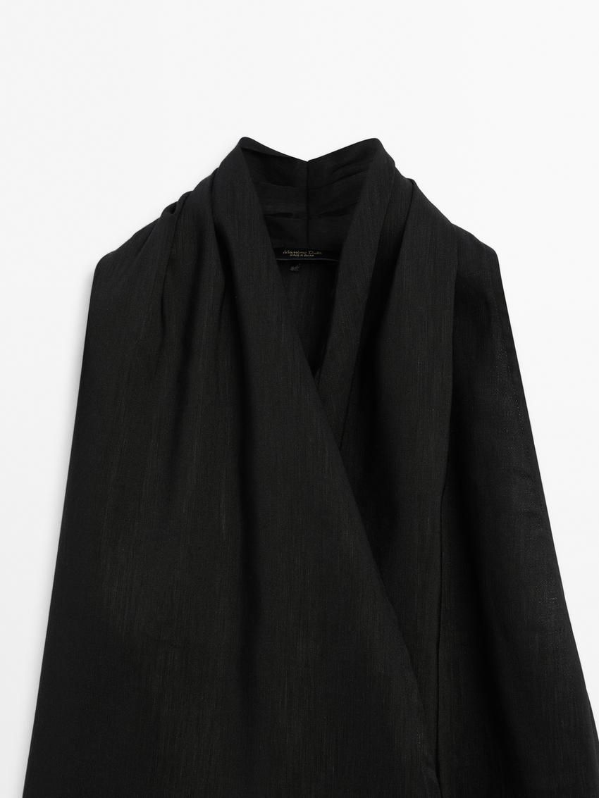 Massimo Dutti Linen Blend Halter With Tie Detail Women Top Black | US-TF6593218