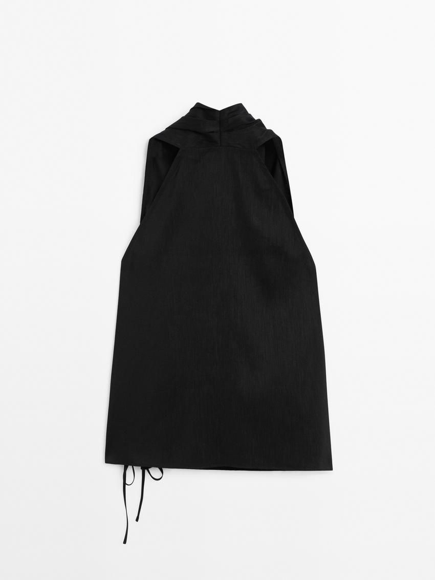 Massimo Dutti Linen Blend Halter With Tie Detail Women Top Black | US-TF6593218