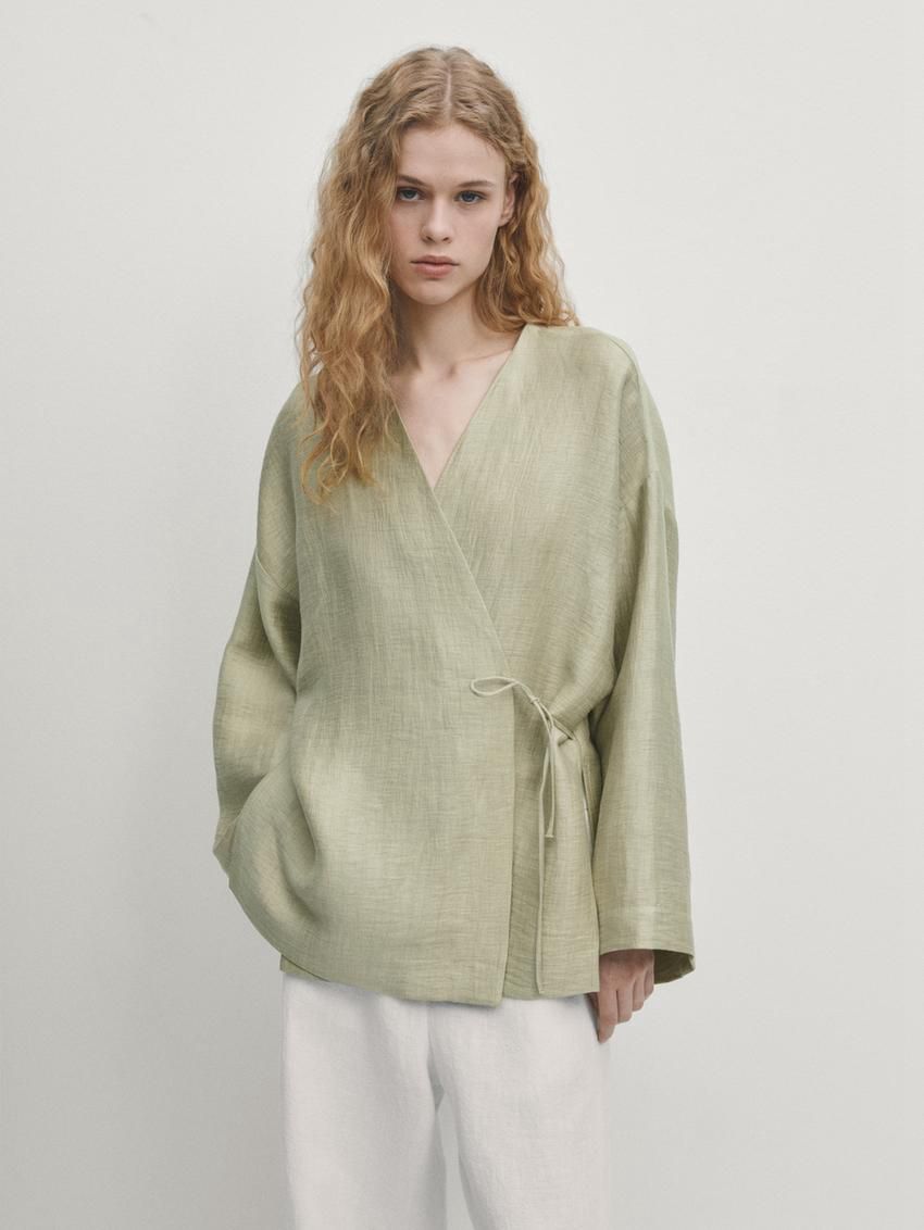 Massimo Dutti Linen Blend Kimono With Tie Detail Women Blouse Light Green | US-TJ3084126